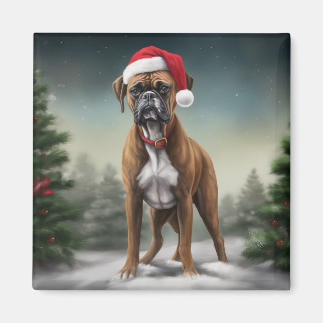 Aimant Boxer dans la neige de Noël (Devant)