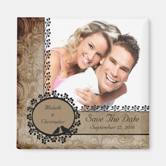 Aimant Brown Damask Inséparables Photo Save The Date Magn (Devant)