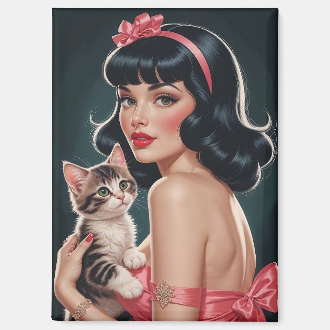 Aimant Brunette Pin-Up avec jolie chaton Portrait (Recto)