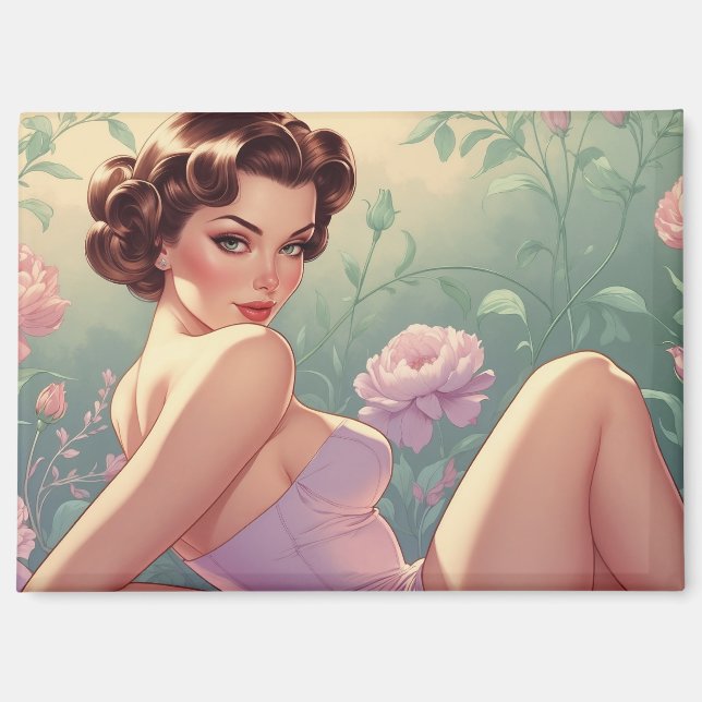 Aimant Brunette Pin-Up Fleurs Pastel (Recto)