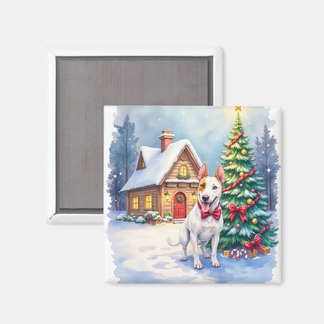 Aimant Bull Terrier Cozy Cottage Noël Arbre Art (Recto/Verso)