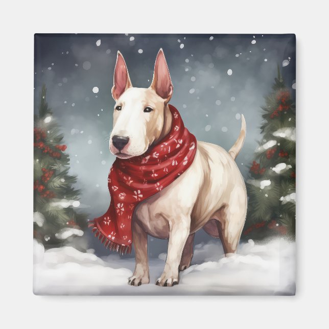 Aimant Bull Terrier dans la neige de Noël (Devant)