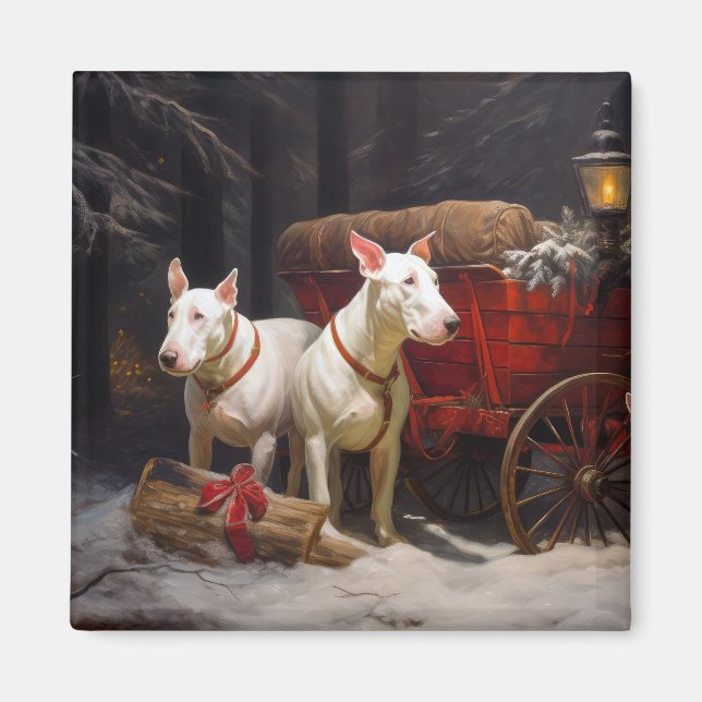 Aimant Bull Terrier enneigé Décor de Noël Traîneau (Devant)