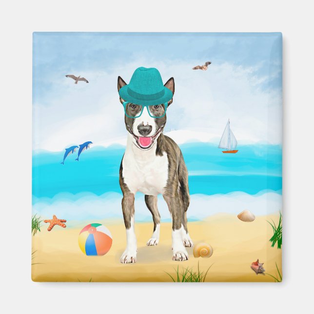 Aimant Bull Terrier sur la plage (Devant)