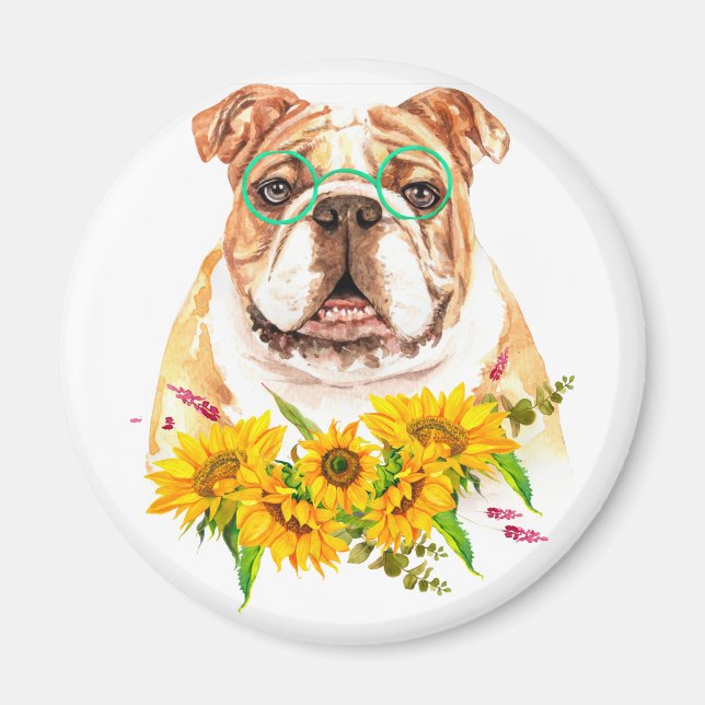 Aimant Bulldog aquarelle & tournesols  (Devant)