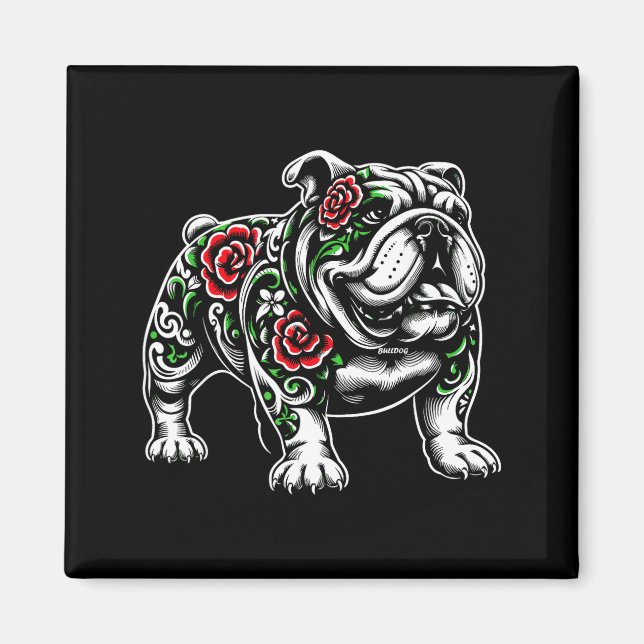 Aimant Bulldog Floral Red Rose Mens Womens  (Devant)