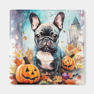 Aimant Bulldog français d'Halloween avec citrouilles effr