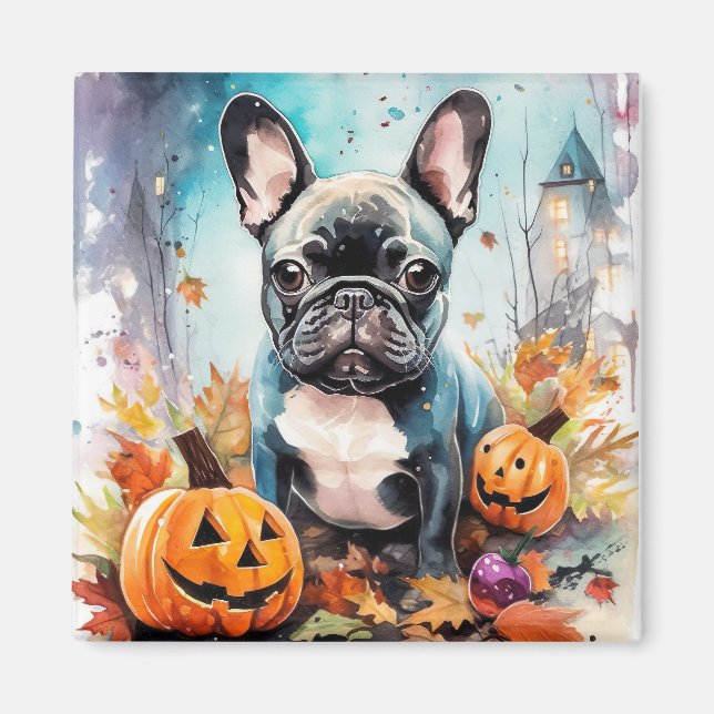 Aimant Bulldog français d'Halloween avec citrouilles effr (Devant)