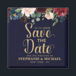 Aimant Burgundy Red Navy Floral Rustic Boho Sve la date<br><div class="desc">Aquarelle Bourgogne Rouge Marine Florale Rustique Boho Wedding Enregistrer l'aimant de date avec texte or. Parfait pour un mariage de automne. Le design comprend un bouquet époustouflant de bordeaux / Marsala, pêche, fleurs marines / roses avec feuilles assortis. S'il vous plaît trouver d'autres modèles et variantes dans mon magasin "blissweddingpaperie"....</div>
