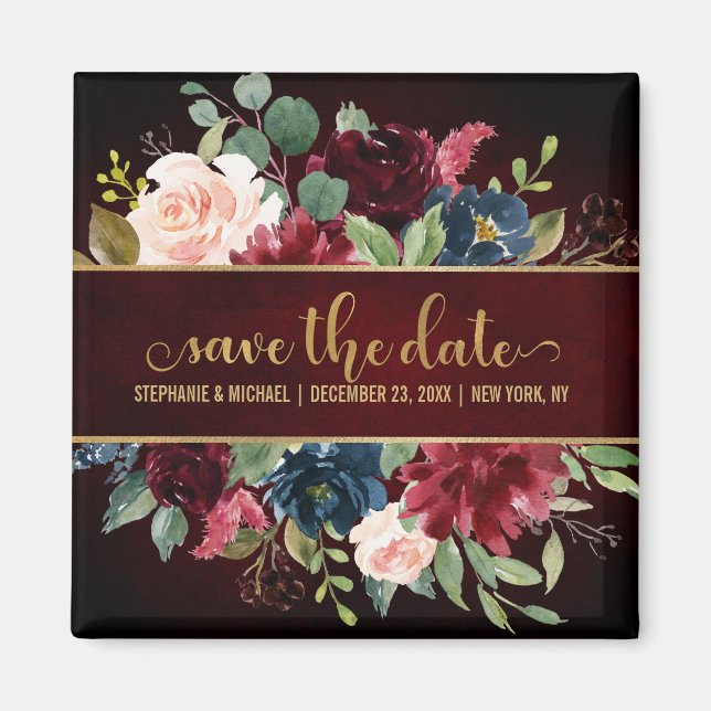 Aimant Burgundy Red Navy Floral Rustic Boho Sve la date (Devant)