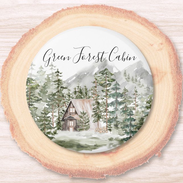 Aimant Cabine à l'aquarelle dans la forêt de pins verts b (Close up)