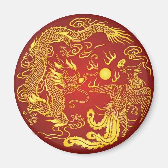 Aimant Cadeau de mariage chinois Dragon Phénix Rouge Or (Devant)