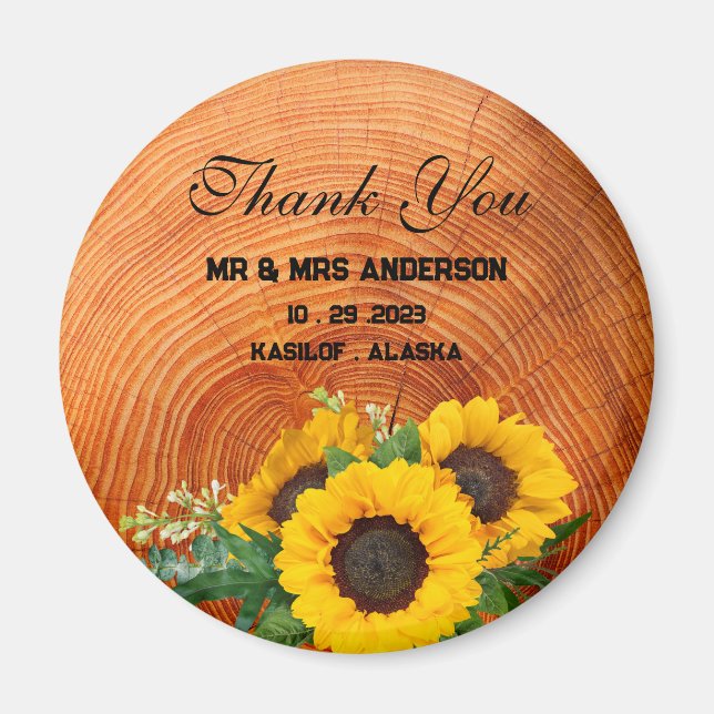 Aimant Cadeau de mariage en bois de tournesol rustique (Devant)