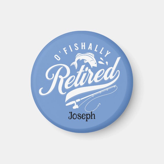 Aimant Cadeaux de retraite. Pêcheur/femme. Nom modifiable (Devant)