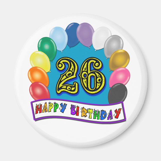 Aimant Cadeaux du 26e anniversaire avec Ballons Assortis  (Devant)