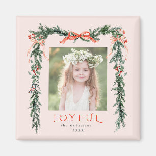 Aimant Cadre de Noël Joyeux Rouge Photo Pink Holiday
