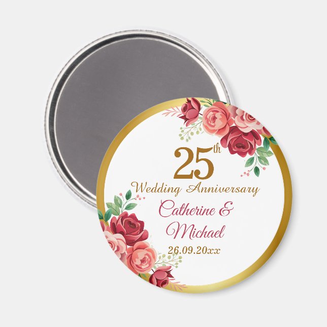 Aimant Cadre doré pour les 25 ans de mariage avec des fle (Recto/Verso)