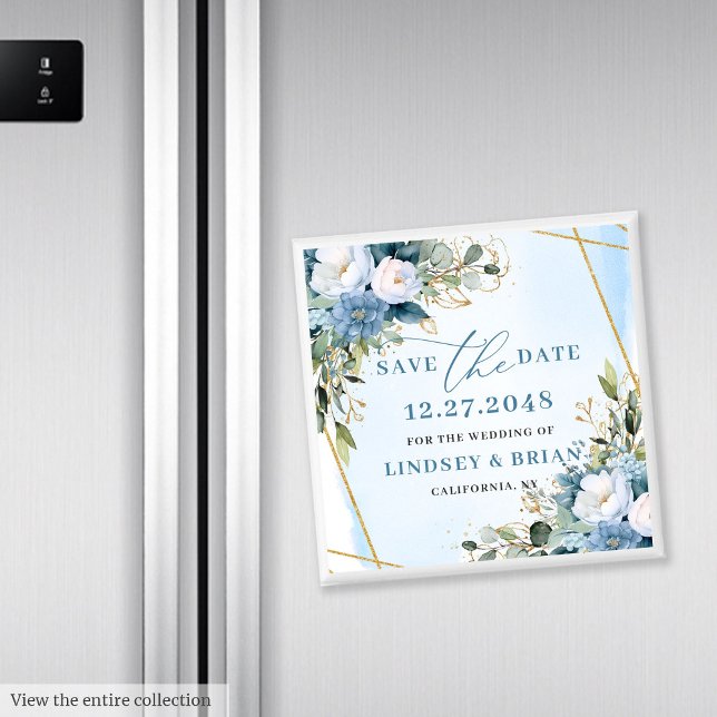 Aimant Cadre Floral Bleu Poussiéreux Élégant Or Faire-Par (Chic Dusty Blue Gold Frame Floral Save the Date)