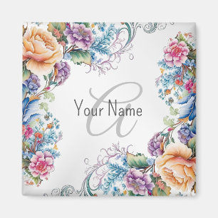 Aimant Cadre floral coloré avec monogramme élégant modern