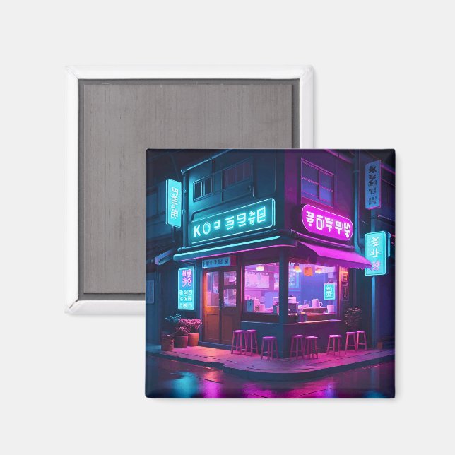 Aimant Café Coréen Neon LoFi Art (Recto/Verso)