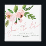 Aimant caillou rose aquarelle élégant sauvez la date<br><div class="desc">Faites connaître à vos amis et à votre famille votre rendez-vous spécial grâce à cette belle aquarelle peinte à la main. Doté d'un élégant pivoine rose vif et d'un feuillage vert avec un style calligraphique écrit à la main, il s'harmonise parfaitement avec tout style mariage. Le texte est modifiable pour...</div>