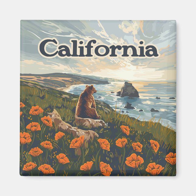 Aimant Californie Bear Poppies Fleurs Côte Retro (Devant)