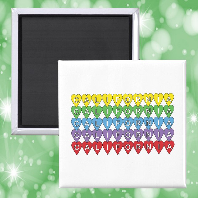 Aimant Californie États-Unis Coeurs colorés (A magnet with the word California in yellow, green, blue, purple and red hearts)