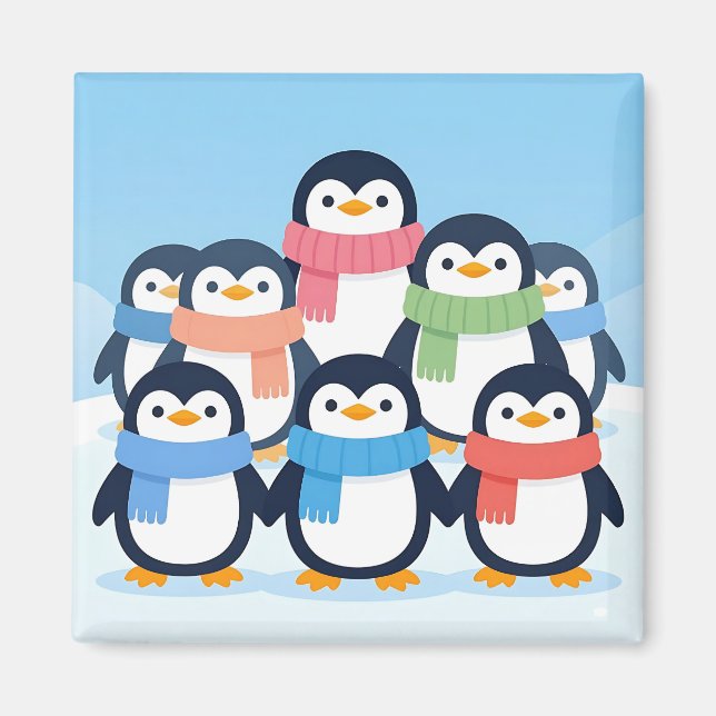 Aimant Câlins de manchots mignons en écharpes d'hiver (Devant)