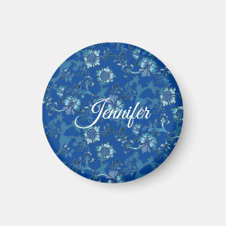 Aimant Calligraphie Élégant Bleu Floral Nom Personnalisé