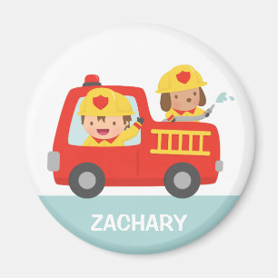 Aimant Camion feu rouge avec pompier garçon et chiot