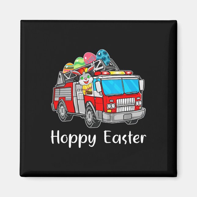 Aimant Camion Pompier Jour de Pâques oeufs de lapin Joyeu (Devant)