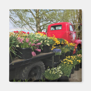 Aimant Camion rouge avec fleurs de printemps et arc-en-ci