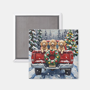 Aimant Camion Rouge de Noël Caniche Vacances