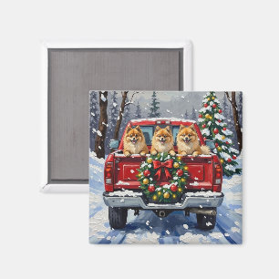 Aimant Camion Rouge de Noël pour Poméranien Cadeau de Fêt