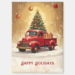 Aimant Camion Rouge Vintage avec Sapin de Noël
