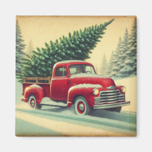 Aimant Camion rouge vintage avec sapin de Noël