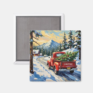 Aimant Camionnette Rouge Vintage Transportant un Sapin de