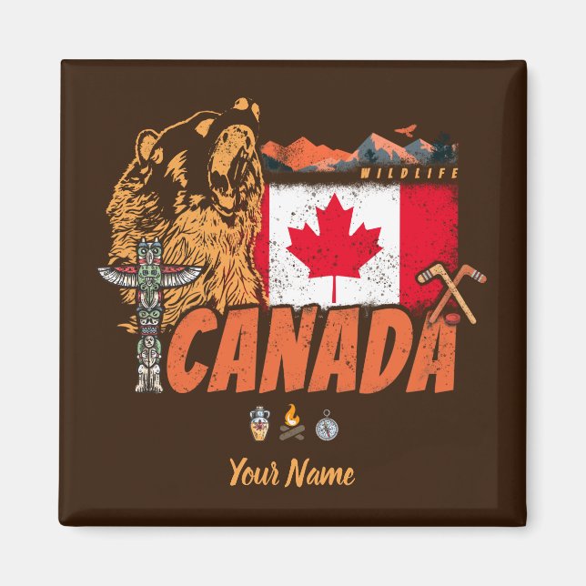 Aimant Canada vintage flag and grizzly (Devant)