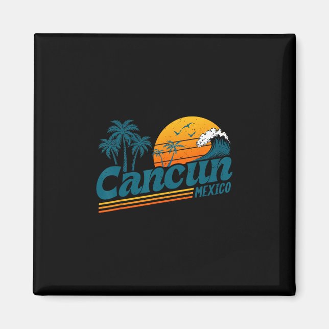 Aimant Cancun Mexique Retro Coucher de soleil Palmier Pla (Devant)