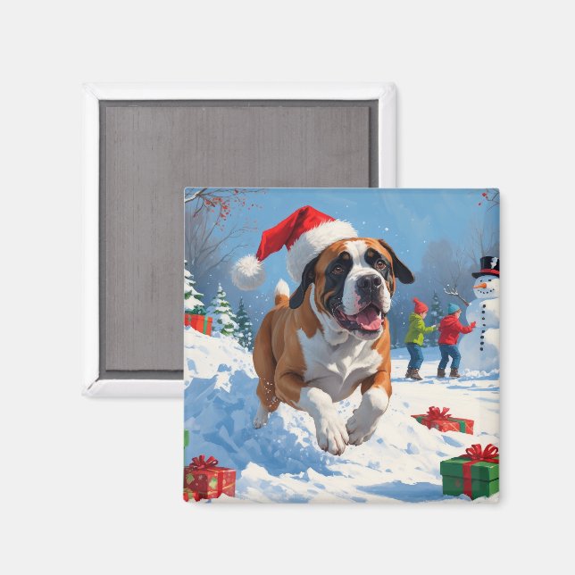 Aimant Cane Corso courant dans la neige avec un chapeau d (Recto/Verso)