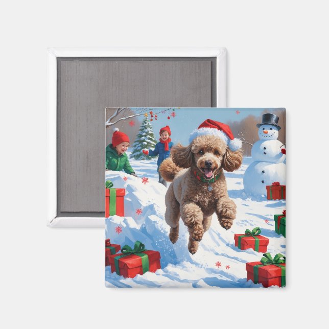 Aimant Caniche courant dans la neige avec un chapeau de N (Recto/Verso)