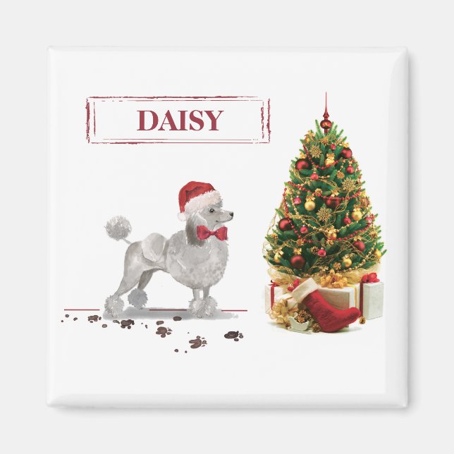 Aimant Caniche Gris Drôle de Chien de Noël avec Arbre (Devant)