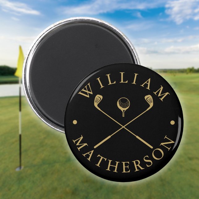 Aimant Canne de golf personnalisée noir et or (Simple Custom Name Golf Clubs Black And Gold Magnet)