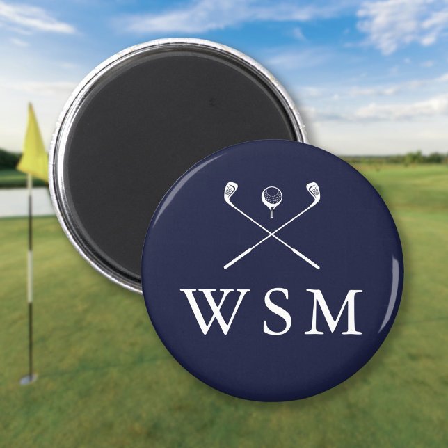 Aimant Canons de golf personnalisés avec monogramme bleu  (Navy Blue Personalized Monogram Golf Clubs Magnet)