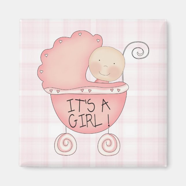 Aimant Capricieux C'est une fille ! Poussette bébé rose (Devant)