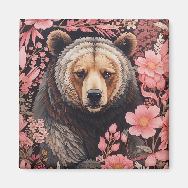 Aimant Captivant Brown Ours Gaze Fleurs roses (Devant)