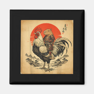 Aimant Capybara Coq Samouraï Japonais Vintage Poule