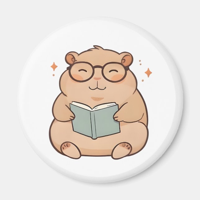 Aimant Capybara lisant avec des lunettes design Kawaii (Devant)