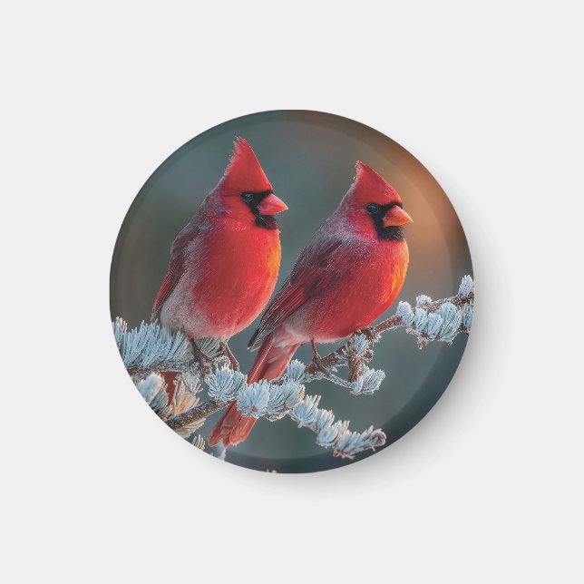 Aimant Cardinaux boréaux rouges perchés sur une branche g (Devant)