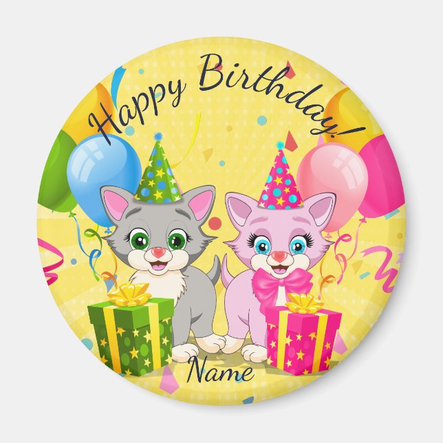 Aimant Caricatures de chaton d'anniversaire mignonnes ros (Devant)